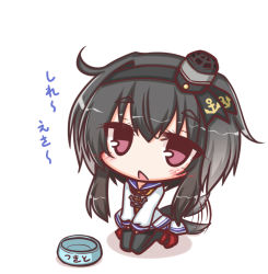 Rule 34 | 1girl, anchor, anchor symbol, black hair, black hairband, black pantyhose, black ribbon, blush, bowl, chibi, commentary request, dog tail, gradient hair, grey hair, hair between eyes, hair ribbon, hairband, kantai collection, kemonomimi mode, komakoma (magicaltale), long sleeves, looking at viewer, multicolored hair, neckerchief, pantyhose, parted lips, pet bowl, pink hair, red footwear, ribbon, sailor collar, sailor shirt, shirt, shoes, short hair with long locks, sitting, sleeves past wrists, solo, tail, tail wagging, tied shirt, tokitsukaze (kancolle), translation request, wariza, white background, white shirt, yellow neckerchief
