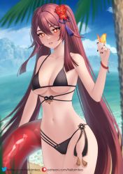 Rule 34 | 1girl, beach, bikini, black bikini, black nails, blue sky, breasts, brown hair, bug, butterfly, butterfly on hand, cloud, commentary request, cowboy shot, day, genshin impact, grin, hair between eyes, hair ornament, helloimtea, highres, hu tao (genshin impact), innertube, insect, large breasts, long hair, looking at viewer, nail polish, navel, ocean, orange eyes, outdoors, parted lips, sky, smile, solo, standing, stomach, swim ring, swimsuit, thighs, twintails, very long hair, water