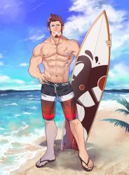 Rule 34 | 1boy, abs, absurdres, alternate costume, bara, beard, blue eyes, brown hair, cloud, cloudy sky, day, facial hair, fate/grand order, fate (series), french flag swimsuit, full body, hand on own hip, highres, icelernd, large pectorals, long sideburns, looking at viewer, male focus, muscular, napoleon bonaparte (fate), nipple slip, nipples, ocean, pectorals, sandals, scar, topless male, shorts, sky, smile, solo, surfboard, swimsuit