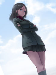 Rule 34 | 10s, 1girl, bad id, bad pixiv id, blue eyes, breasts, brown hair, cloud, crossed arms, day, dutch angle, furukawa herzer, girls und panzer, highres, looking at viewer, looking down, medium breasts, military, military uniform, miniskirt, nonna (girls und panzer), pleated skirt, skirt, socks, solo, thighs, uniform