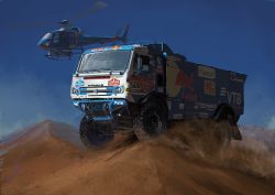 Rule 34 | absurdres, aircraft, blue sky, commentary request, desert, dust, goodyear, helicopter, highres, kamaz 43509, license plate, mirroraptor, motor vehicle, no humans, race vehicle, racing, rally truck, red bull, russian flag, sky, sponsor, sticker, truck, vehicle focus, vehicle request