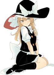 Rule 34 | 1girl, apron, black footwear, black hat, black skirt, black socks, black vest, blonde hair, blush, bow, braid, buttons, closed mouth, dot nose, double-breasted, from side, green eyes, hair bow, hat, hat bow, kirisame marisa, long hair, looking at viewer, necro (nekurodayo), shoes, side braid, simple background, sitting, skirt, slit pupils, smile, socks, solo, touhou, vest, waist apron, wariza, white background, white bow, witch hat