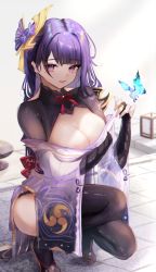 Rule 34 | 1girl, black thighhighs, breast hold, breasts, bug, butterfly, cleavage, genshin impact, gold trim, hair ornament, highres, insect, japanese clothes, large breasts, long hair, looking at viewer, mitsudomoe (shape), mole, mole under eye, nail polish, obi, off shoulder, open mouth, panipo, purple eyes, purple hair, purple nails, raiden shogun, sash, solo, squatting, thighhighs, thighs, tomoe (symbol), wide sleeves