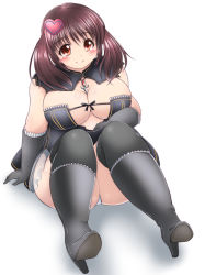 Rule 34 | 1girl, arm support, black gloves, blush, boots, breasts, brown hair, capelet, cleavage, fat, full body, gloves, hair ornament, heart, heart hair ornament, high heel boots, high heels, highres, jewelry, kurokaze no sora, large breasts, looking at viewer, meat day, necklace, original, panties, pantyshot, phantasy star, phantasy star online 2, plump, red eyes, sitting, smile, solo, thick arms, thick thighs, thighhighs, thighs, twintails, underwear, wide hips