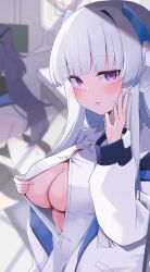 Rule 34 | 2girls, absurdres, aur hkgn, black bra, blue archive, blurry, blurry background, blush, bra, breasts, buttons, cleavage, grey hair, headphones, highres, jacket, large breasts, long hair, long sleeves, looking at viewer, multiple girls, noa (blue archive), open mouth, purple eyes, purple hair, shirt, solo focus, two-sided fabric, two-sided jacket, underwear, white shirt, yuuka (blue archive)