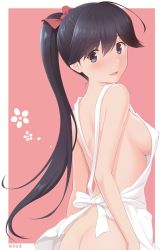 Rule 34 | 1girl, apron, ass, azuki-iro, black eyes, black hair, butt crack, commentary request, cowboy shot, highres, houshou (kancolle), kantai collection, long hair, looking at viewer, naked apron, pink background, ponytail, solo, white apron
