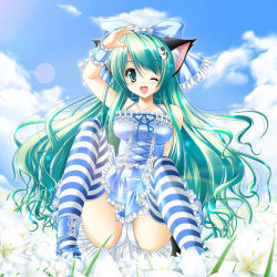 Rule 34 | 1girl, animal ears, bow, cat ears, cat hair ornament, cloud, day, dress, flower, frills, green eyes, green hair, hair bow, hair ornament, highres, kamiya tomoe, long hair, matching hair/eyes, one eye closed, open mouth, original, panties, pantyshot, ribbon, sitting, sky, solo, spread legs, striped clothes, striped thighhighs, thighhighs, underwear, upskirt, white panties, wink, wrist cuffs