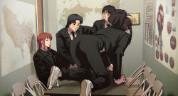 Rule 34 | 2boys, 2girls, all fours, black eyes, black hair, black necktie, black pants, braid, brown hair, chainsaw man, chair, closed eyes, closed mouth, dd36051, derivative work, facial hair, formal, highres, korean commentary, kurose yuutarou, makima (chainsaw man), map (object), multiple boys, multiple girls, necktie, open mouth, pants, parody, ponytail, red hair, scar, scar on face, screenshot redraw, sitting, standing, subaru (chainsaw man), suit, sweatdrop, table, tendou michiko, tomato devil (chainsaw man)