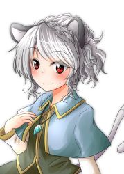 Rule 34 | 1girl, alternate hairstyle, animal ears, blush, braid, capelet, crown braid, gold trim, highres, jewelry, long sleeves, looking at viewer, mouse ears, mouse tail, nazrin, oshiaki, pendant, red eyes, silver hair, simple background, smile, solo, tail, touhou, upper body, white background