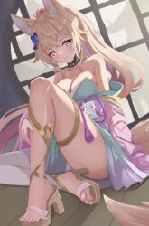 Rule 34 | absurdres, animal ears, blonde hair, breasts, butterfly hair ornament, cleavage, colored inner hair, commentary, english commentary, fox ears, fox tail, hair ornament, high ponytail, highres, indie virtual youtuber, japanese clothes, kimono, large breasts, long hair, mila choo, mole, mole under eye, multicolored hair, nail polish, pink eyes, pink hair, pink nails, sandals, serafhin, short kimono, smile, tail, toenail polish, toenails, virtual youtuber, wide sleeves
