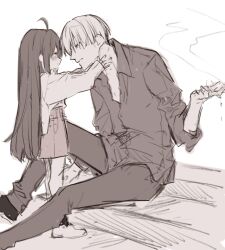 1boy 1girl age_difference ahoge cigarette commentary_request couple enomoto_nao hetero holding holding_cigarette looking_at_another original shirt sketch smoke smoking