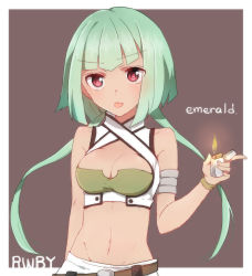 Rule 34 | 1girl, bad id, bad pixiv id, emerald sustrai, fire, green hair, highres, lighter, navel, red eyes, rwby, short hair with long locks, solo, sorimachi-doufu, tongue, tongue out
