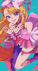 Rule 34 | 1girl, bare shoulders, blonde hair, blue background, boots, bridal gauntlets, butterfly earrings, cure butterfly, earrings, highres, hijiri ageha, hirogaru sky! precure, jewelry, looking at viewer, magical girl, multicolored hair, pink skirt, precure, purple eyes, single thigh boot, skirt, smile, solo, thigh boots, thigh strap, tricotroom, two-tone hair