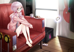 Rule 34 | 1girl, ayakura juu, backlighting, barefoot, bracelet, commentary request, couch, cup, doughnut, drink, feet on chair, floating, floating object, food, glasses, indoors, jewelry, legs, looking at viewer, mug, power strip, purple eyes, purple hair, short hair with long locks, sitting, solo, textless version, vocaloid, voiceroid, window, wooden floor, yuzuki yukari, yuzuki yukari (lin), yuzuki yukari (onn), yuzuki yukari (vocaloid4)