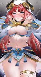 Rule 34 | 1girl, :q, bare shoulders, blue eyes, blush, breasts, crop top, detached sleeves, forehead jewel, genshin impact, gluteal fold, harem outfit, highres, horns, jewelry, large breasts, long hair, long sleeves, looking at viewer, midriff, navel, nilou (genshin impact), red hair, shiben (ugvu5784), skirt, solo, stomach, thigh gap, thigh strap, thighs, tongue, tongue out, veil, very long hair