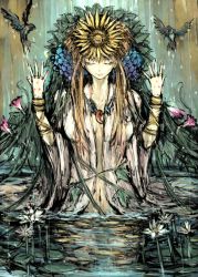 Rule 34 | 1girl, bird, blonde hair, breasts, closed eyes, female focus, flower, gradient background, hair flower, hair ornament, jewelry, leaf, lily pad, long hair, moto murabito, nail polish, navel, necklace, original, plant, solo, sunflower, water