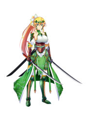 Rule 34 | 10s, 1girl, blonde hair, breasts, cleavage, gloves, green eyes, green skirt, hair ornament, highres, holding, holding sword, holding weapon, leafa, leafa (sao:im), long hair, looking at viewer, pleated skirt, simple background, skirt, smile, solo, sword, sword art online, sword art online: code register, sword art online: hollow fragment, sword art online: infinity moment, thighhighs, watermark, weapon, white background, white gloves