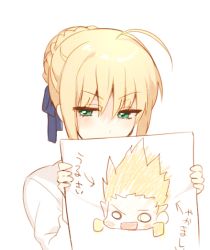 Rule 34 | 1girl, ahoge, artoria pendragon (fate), bad id, bad pixiv id, blonde hair, blush, drawing, fate/stay night, fate (series), gilgamesh (fate), green eyes, holding, ichinose yukino, looking at viewer, saber (fate), simple background, solo, translated, upper body, white background