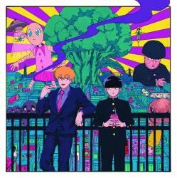 Rule 34 | against railing, alien (mob psycho 100), black eyes, black hair, black pants, blonde hair, border, bowl cut, broccoli, building, buttons, character request, cigarette, city, closed mouth, cm wm, colored skin, commentary request, flying saucer, formal, gakuran, ghost, hanazawa teruki, highres, holding, holding cigarette, inugawa mameta, juice box, kageyama shigeo, long sleeves, looking at another, male focus, mob psycho 100, necktie, open mouth, outside border, pants, pink skin, psycho helmet, railing, reigen arataka, school uniform, short hair, smile, smoke, spacecraft, standing, suit, ufo, white border