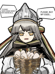 Rule 34 | arknights, basket, egg, english text, fartooth (arknights), grey hair, highres, open mouth, simple background, speech bubble, thiccborb, upper body, white background, yellow eyes