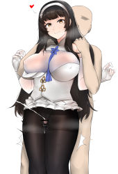 Rule 34 | 1boy, 1girl, absurdres, arm sleeves, black hair, black pantyhose, breasts, censored, clothed female nude male, cum, dress, ejaculation, erection, faceless, faceless male, frilled dress, frills, from behind, girls&#039; frontline, headdress, heart, hetero, highres, hug, intercrural sex, leggings, long hair, nude, pantyhose, penis, rubbing, thick thighs, thigh sex, thighs, type 95 (girls&#039; frontline), white background, yellow eyes