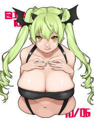 Rule 34 | 1girl, :q, bare shoulders, belly, breast suppress, breasts, brown eyes, cleavage, green hair, highres, horns, huge breasts, kuroda (junkuroda29), long hair, looking at viewer, navel, plump, pointy ears, simple background, solo, tongue, tongue out, twintails, white background