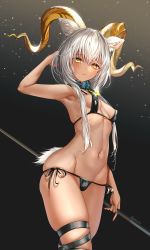 Rule 34 | 1girl, :o, absurdres, animal ear fluff, animal ears, arknights, arm up, armpits, beeswax (arknights), bikini, black bikini, black panties, blush, breasts, cowboy shot, dark-skinned female, dark skin, highres, holding, horns, infection monitor (arknights), looking at viewer, navel, open mouth, panties, pottsness, see-through, short hair with long locks, side-tie bikini bottom, side-tie panties, simple background, skindentation, small breasts, solo, standing, swimsuit, tail, thigh strap, thighs, twitter username, underwear, wavy mouth, white hair, yellow eyes