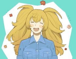 Rule 34 | 1girl, blonde hair, blue shirt, blush, breast pocket, breasts, flower, gambier bay (kancolle), hair between eyes, kantai collection, long hair, medium breasts, open mouth, pocket, shirt, short sleeves, simple background, solo, sukekiyo (skky 0), twintails, two-tone background, upper body