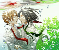 Rule 34 | 2boys, adam&#039;s apple, air bubble, black hair, brown hair, bubble, collar, face-to-face, facial scar, green necktie, hand on another&#039;s arm, harry potter (series), looking at another, male focus, medium hair, multiple boys, necktie, pixiv id 3598701, plant, profile, red necktie, remus lupin, scar, scar on cheek, scar on face, scar on nose, school uniform, severus snape, shirt, short hair, submerged, underwater, uniform, water, white shirt, wing collar, wizarding world, yaoi