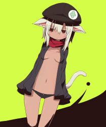 Rule 34 | 1girl, absurdres, black hat, black panties, black shirt, bow, bow panties, breasts, cabbie hat, cat girl, closed mouth, commentary request, crothy (pan koujou), dutch angle, emblem, frown, green background, hat, highres, long sleeves, looking at viewer, lowleg, lowleg panties, navel, no bra, open clothes, open shirt, original, pan koujou, panties, red eyes, shirt, short hair, simple background, sleeves past fingers, sleeves past wrists, small breasts, solo, standing, underwear, white hair