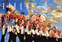 Rule 34 | 6+boys, american football helmet, american football uniform, black hair, blonde hair, brown hair, character request, cloud, cloudy sky, dusk, eyeshield 21, gloves, grin, group picture, hands on own hips, unworn headwear, helmet, unworn helmet, hiruma youichi, juumonji kazuki, kobayakawa sena, komusubi daikichi, kurita ryokan, kuroki kouji, lineup, male focus, manly, multiple boys, murata yuusuke, omosadake futoshi, raimon tarou, satake yohei, shoulder pads, sky, smile, spiked hair, sportswear, taki natsuhiko, toganou shouzou, yamaoka kenta