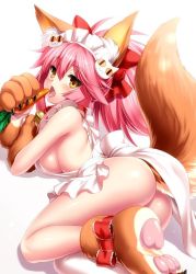 Rule 34 | 1girl, animal ear fluff, animal ears, animal hands, apron, ass, bare shoulders, bell, blush, bow, breasts, carrot, cat hair ornament, cat paws, claws, collar, fang, fate/extra, fate/grand order, fate (series), fox ears, fox tail, gloves, hair between eyes, hair bow, hair ornament, jingle bell, large breasts, legs, looking at viewer, maid headdress, naked apron, neck bell, open mouth, paw gloves, paw shoes, pink hair, ponytail, red bow, shoes, sideboob, sidelocks, simple background, solo, tail, tamamo (fate), tamamo cat (fate), tamamo cat (third ascension) (fate), thighs, tongue, tongue out, white background, zen