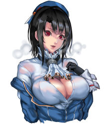 Rule 34 | 10s, 1girl, bad id, bad pixiv id, beret, black gloves, black hair, breasts, cleavage, clothes down, female focus, gloves, hat, heavy breathing, highres, kantai collection, kumiko shiba, large breasts, lips, no bra, nose, off shoulder, parted lips, red eyes, shirt, short hair, solo, sweat, takao (kancolle), unbuttoned, upper body, wet, wet clothes, wet shirt