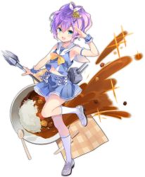 Rule 34 | 1girl, aqua eyes, arm up, azur lane, blush, curry, curry rice, food, full body, grey footwear, javelin (azur lane), javelin (let&#039;s become waitresses!) (azur lane), kaede (yumesaki kaede), kneehighs, knife, loafers, looking at viewer, official alternate costume, official art, plate, purple hair, rice, shoes, short hair, smile, socks, solo, spoon, transparent background, white socks