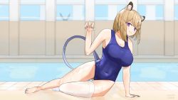 Rule 34 | 1girl, amiya (arknights), animal ears, arknights, armpits, asymmetrical legwear, blonde hair, blue nails, blue toenails, breasts, claw pose, cleavage, highres, large breasts, nail polish, naixorth, one-piece swimsuit, pool, poolside, purple eyes, rabbit ears, swimsuit, tail, thighhighs, utage (arknights), window
