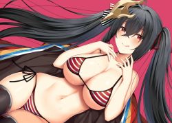Rule 34 | 1girl, ahoge, azur lane, bare shoulders, bikini, black hair, blush, breasts, closed mouth, collarbone, commentary request, crossed bangs, hair between eyes, horosuke, japanese clothes, kimono, large breasts, licking lips, long hair, looking at viewer, lying, mask, mask on head, navel, on side, open clothes, open kimono, red eyes, side-tie bikini bottom, simple background, smile, solo, string bikini, striped bikini, striped bikini bottom, striped bikini top, striped clothes, suggestive fluid, swimsuit, taihou (azur lane), thighs, tongue, tongue out, twintails, very long hair