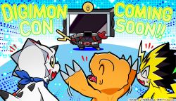 Rule 34 | agumon, bandai, blush stickers, claws, copyright name, digimon, digimon (creature), dinosaur, full body, gammamon, happy, hi-visionmonitamon, horns, looking at another, looking at viewer, multiple boys, official art, pulsemon, salute, scarf, sharp teeth, smile, standing, teeth