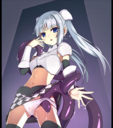 Rule 34 | 10s, 1girl, black thighhighs, blue eyes, caryo, checkered clothes, checkered skirt, clothes lift, long hair, miss monochrome, miss monochrome (character), panties, panty lift, silver hair, simple background, skirt, skirt lift, solo, tentacles, thighhighs, twintails, underwear, upskirt, white panties