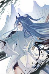 Rule 34 | 1girl, absurdres, arknights, black coat, black gloves, blue hair, braid, closed mouth, coat, cowboy shot, dragon girl, dragon horns, dragon tail, from behind, gloves, grey eyes, highres, horns, ink, ling (arknights), long hair, long sleeves, looking at viewer, looking back, mountain, open clothes, open coat, profile, smile, solo, tail, very long hair, wide sleeves, yoi6/yoiro