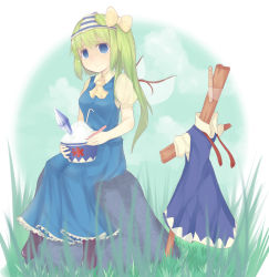 Rule 34 | 1girl, ascot, benmiaobituona, blue dress, blue eyes, blue skirt, boots, bow, breasts, cirno, cloud, collared shirt, commentary request, crystal, daiyousei, dress, empty eyes, food, frilled skirt, frills, grass, green hair, hair bow, highres, ice crystal, object on head, panties, panties on head, puffy short sleeves, puffy sleeves, rock, sad, shaded face, shaved ice, shirt, short hair, short sleeves, side ponytail, sitting, sitting on rock, skirt, stick, striped clothes, striped panties, tearing up, touhou, underwear, vest, yandere