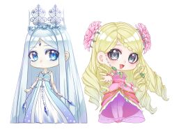 Rule 34 | 2girls, :d, absurdres, blonde hair, blue dress, blue eyes, blue hair, chibi, chinese commentary, closed mouth, commentary request, doll joints, dot mouth, dress, flower, full body, grey eyes, hair flower, hair ornament, han bingjing, highres, hua ling (ye luoli), joints, kumu zaisheng, multiple girls, open mouth, outstretched arm, outstretched hand, pink dress, pink flower, see-through, see-through dress, smile, white background, ye luoli