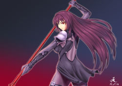 Rule 34 | 1girl, 210ten, bodysuit, breasts, fate/grand order, fate (series), female focus, gae bolg (fate), gradient background, hair intakes, large breasts, long hair, polearm, purple bodysuit, purple hair, red eyes, scathach (fate), solo, spear, very long hair, weapon