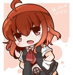 Rule 34 | 10s, 1girl, ahoge, arashi (kancolle), bloom2425, blouse, chibi, gloves, hands on own hips, kantai collection, kerchief, looking at viewer, open mouth, pleated skirt, red eyes, red hair, school uniform, searchlight, serafuku, shirt, short hair, skirt, solo, twitter username, vest, white gloves