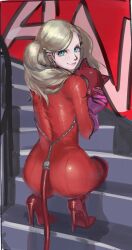 Rule 34 | 1girl, ass, blonde hair, blue eyes, bodysuit, cat mask, cat tail, closed mouth, from behind, gloves, high heels, highres, holding, holding mask, latex, latex bodysuit, lips, long hair, looking at viewer, looking back, mask, persona, persona 5, poechan chan, red bodysuit, red footwear, smile, solo, squatting, stairs, tail, takamaki anne, twintails, unworn mask
