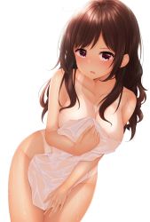 Rule 34 | 1girl, bare shoulders, black eyes, breasts, brown hair, cleavage, collarbone, covering privates, cowboy shot, fence, groin, hair strand, hand up, highres, holding, holding towel, leaning forward, long hair, looking at viewer, medium breasts, minato ojitan, nude cover, one-piece tan, onsen, open mouth, original, sidelocks, simple background, solo, standing, tan, tanline, thighs, towel, water, wet, white background