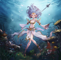 Rule 34 | 1girl, absurdres, air bubble, algae, blue hair, breasts, bubble, cleavage, clothing request, commentary, ddcc0123, detached sleeves, earrings, english commentary, fins, fish, fish girl, forehead, forehead protector, full body, gem, gold earrings, gold trim, head fins, highres, holding, holding staff, jewelry, long hair, long sleeves, looking at viewer, medium breasts, original, outdoors, parted lips, pelvic curtain, purple eyes, red gemstone, skirt, solo, staff, underwater, water, white skirt, white sleeves, wide sleeves, yellow footwear