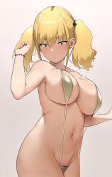 Rule 34 | 1girl, bare shoulders, blonde hair, blush, breasts, brown eyes, collarbone, constricted pupils, female pubic hair, highres, large breasts, long hair, looking down, nail polish, navel, noel (nnoelllll), original, pubic hair, slingshot swimsuit, solo, swimsuit, twintails