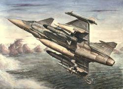 Rule 34 | aircraft, airplane, bomb, cloud, explosive, fighter jet, flying, jet, military, military vehicle, missile, no humans, original, pilot, saab gripen, sato (z33-000308), solo, traditional media, vehicle focus, water
