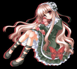 Rule 34 | 1girl, black background, cross-laced footwear, dress, frills, full body, goth fashion, green dress, hairband, juliet sleeves, knees up, lolita hairband, long hair, long sleeves, looking at viewer, minase lin, original, puffy long sleeves, puffy sleeves, shoes, simple background, solo, very long hair