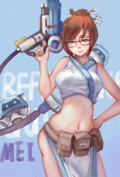Rule 34 | 1girl, absurdres, adapted costume, bare shoulders, beads, belt, belt pouch, black-framed eyewear, brown eyes, brown hair, canister, character name, drone, floating, glasses, gun, hair bun, hair ornament, hair stick, hairpin, hand on own hip, highres, holding, holding weapon, hose, mei (overwatch), midriff, navel, overwatch, overwatch 1, pelvic curtain, pouch, robot, short hair, single hair bun, skirt, smile, snowball (overwatch), solo, utility belt, weapon, yulaichuan miaogua